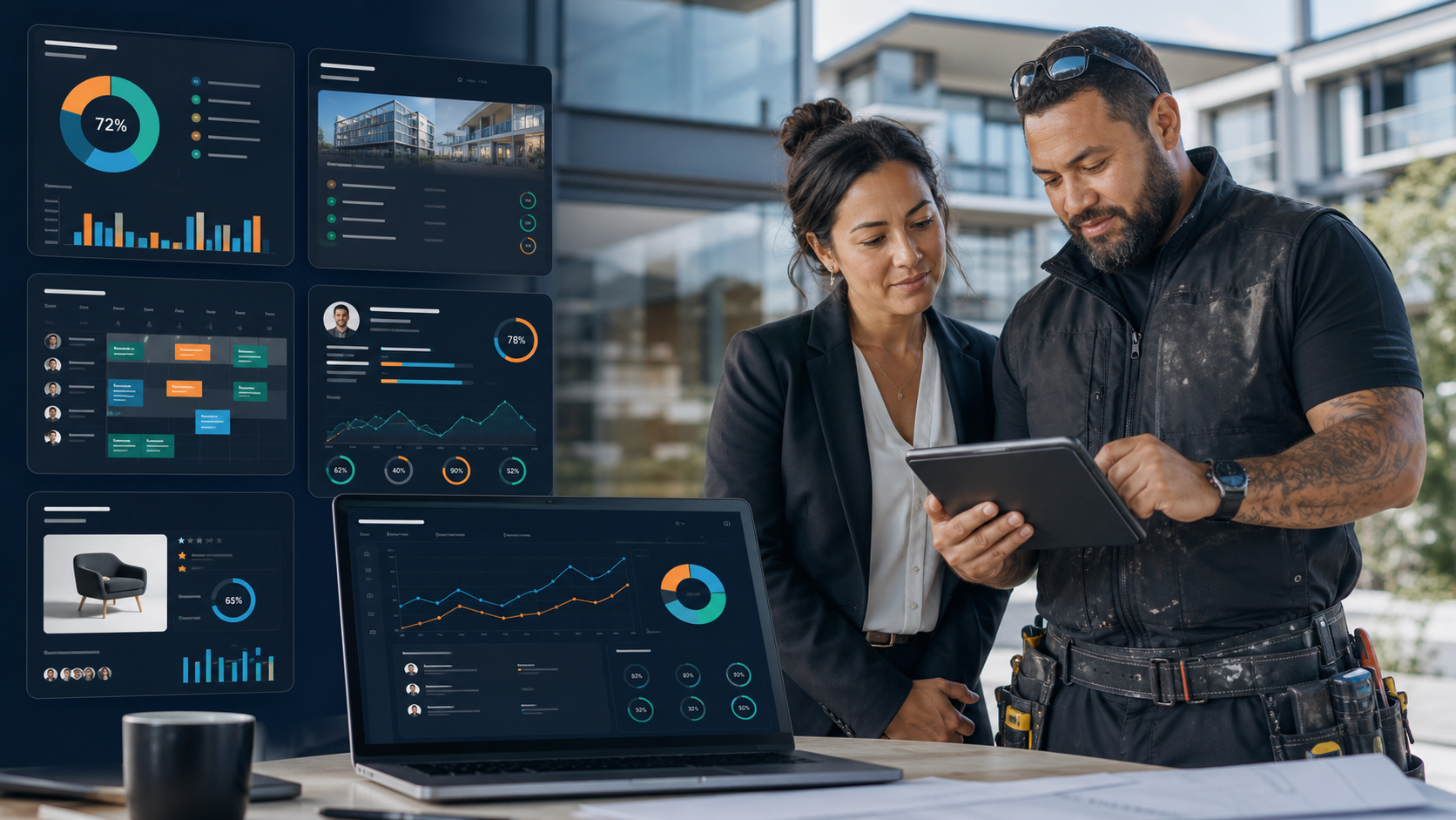 A property manager and tradie reviewing an operations dashboard for property, business, skills and brand promotion