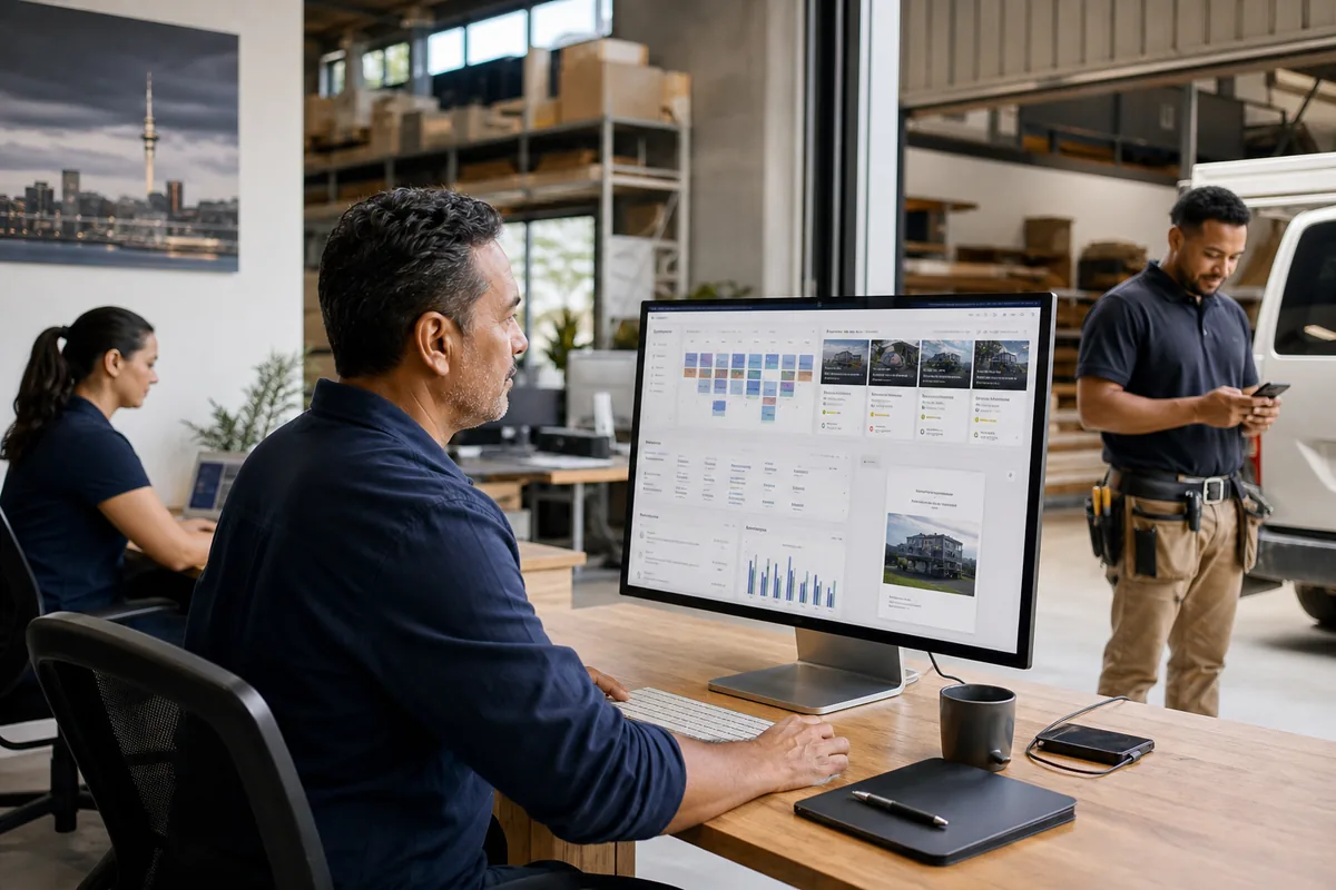 A business owner using one operations platform to manage staff schedules, sites, materials, business documents and performance