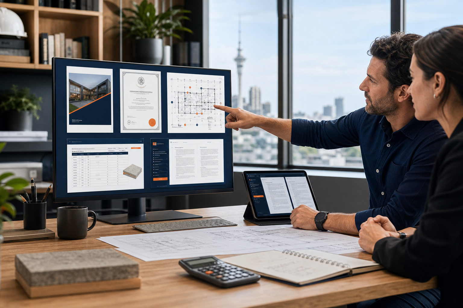 Business and trade professionals using certificates, business documents, plan markup, bilingual resources and construction calculators