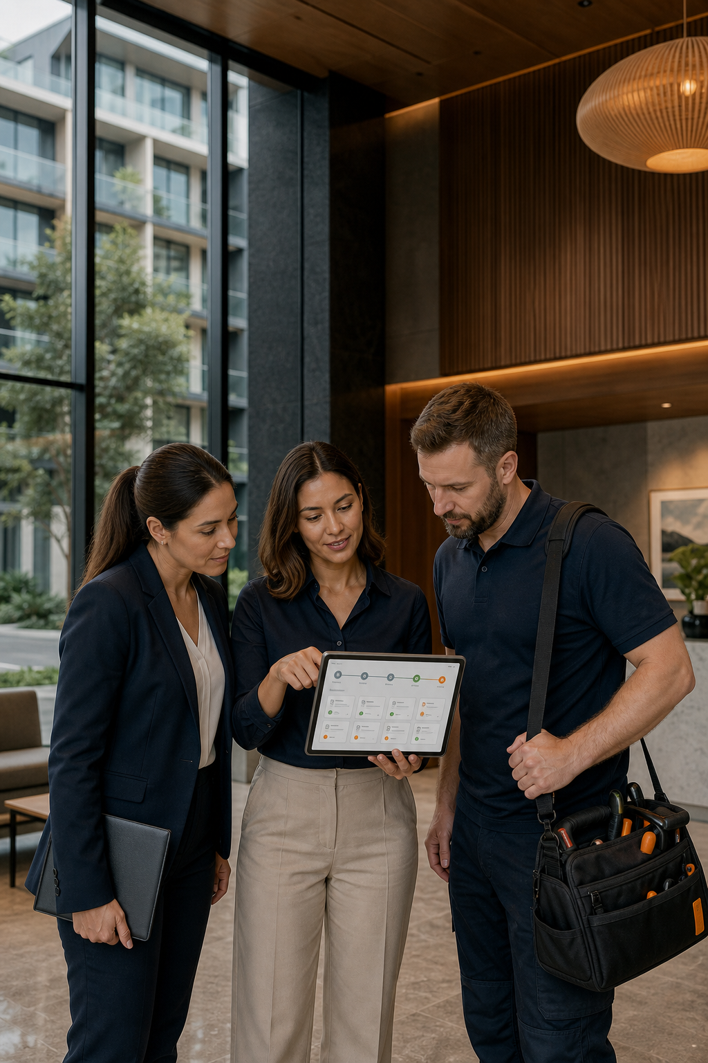A property manager, service business coordinator and technician reviewing a live property maintenance workflow